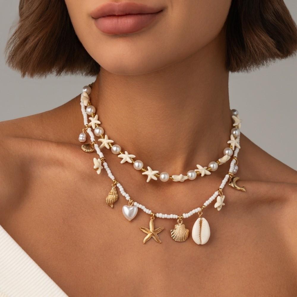 Starfish Mold Necklace Chain Imitation Pearl Shell Pendant Holiday Decor Island Vacation