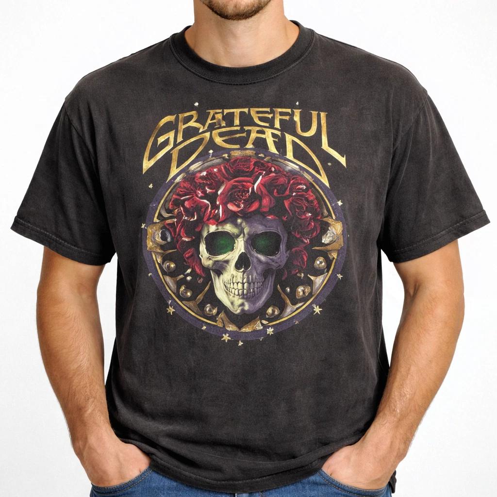 Vintage Skull Roses Graphic T-Shirt Black Retro Rock Style Unisex S-3XL