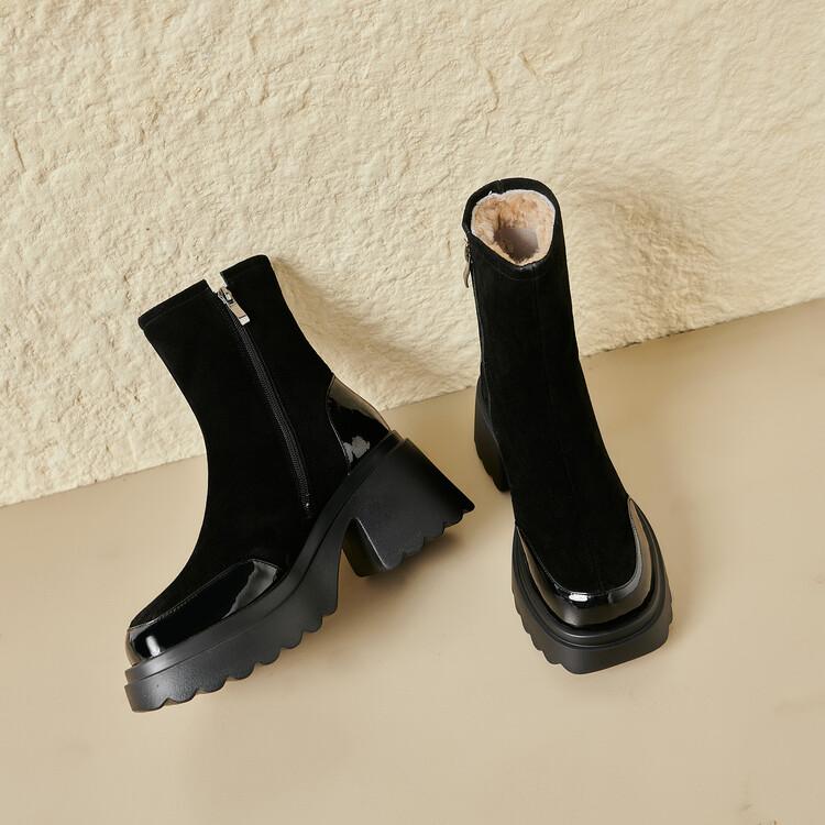 Fashion 2025 Split Leather High Heels Winter Warm Wool Boots Women Boots Round Toe Chunky Heel Platform Boots for Women Zapatos De Mujer