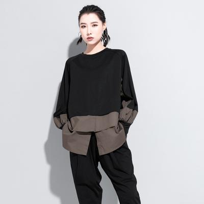 Women Top Female T-shirts Fake Two-piece Straight Stitching Tide Brand Long-sleeved T-shirt Female Fashion Streetwear