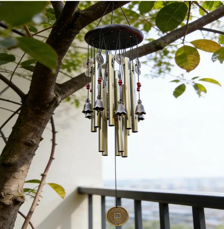 

13-Tube Outdoor Wind Chime Bronze-Finished Metal Tubes On Solid Wood Top 85cm Tall Garden Decor For Calming Ambience China Mainland
