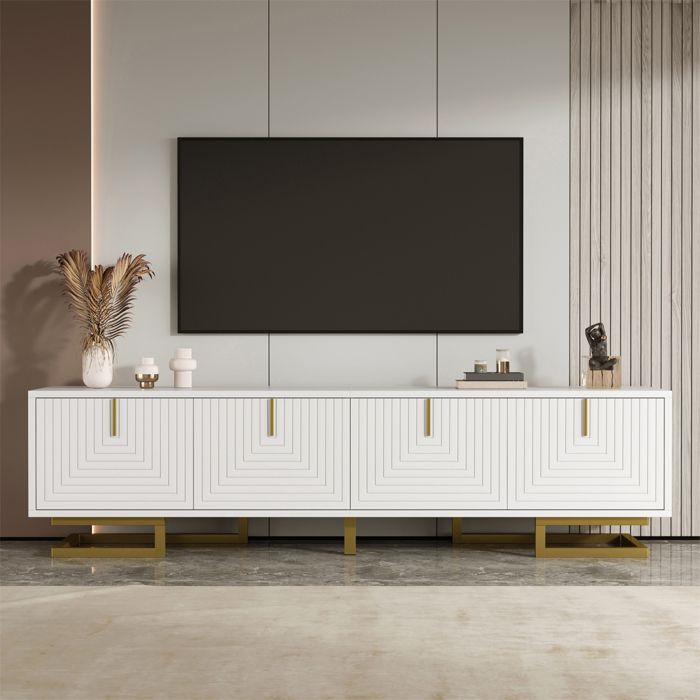 TV Cabinet, White, with 4 Textured Doors, Gold Handles and Legs, Living Room Furniture, 160 X 38 X 44 Cm