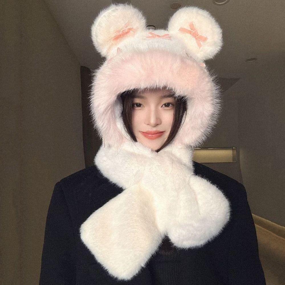 Casual Winter Balaclava Hat Bowknot Windproof Ear Protection Hat Keep Warm Thickened Integrated Scarf Hat Set for Women