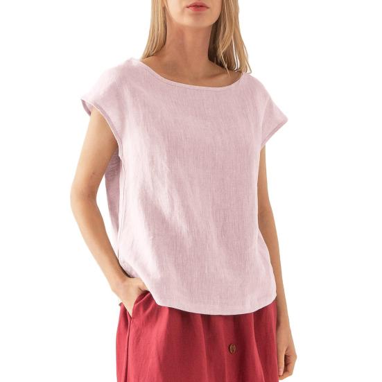 

Women Tops Draped Short Sleeve Round Neck Loose Fit Casual Tops Summer Spring Blouse Versatile Style Daily Wear M светло-розовый