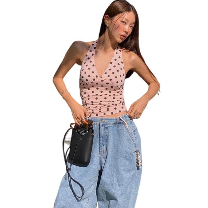2025 Summer New Women's Fashion Hot Girl Sexy Black Polka Dot Print Versatile Backless V-Neck Halter Neck Tight Tank Top