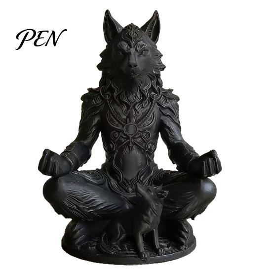 Meditation Figurine 3D Printed Gothic Werewolf Statue, Zen Beast Warrior Sculpture with Round Frosted Paint Statue Base, Matte Black Fantasy