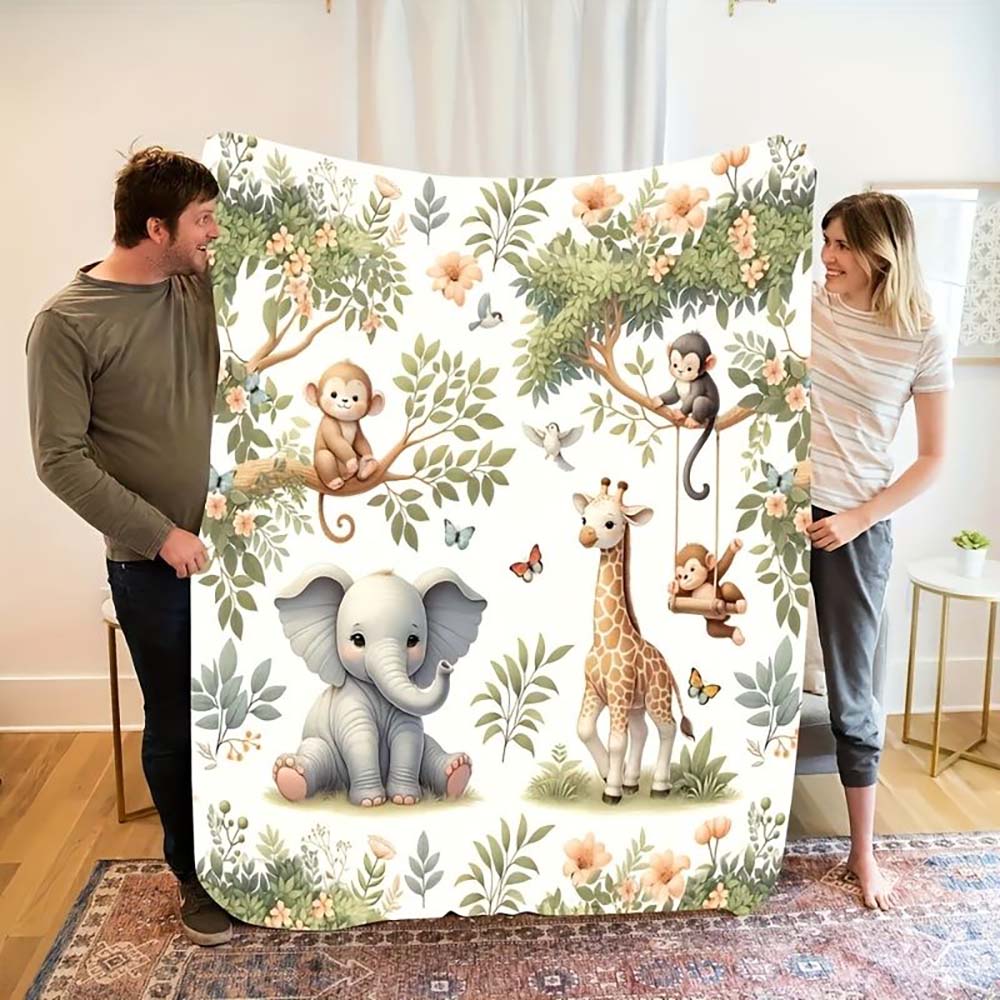 1Pc  Cute Jungle Animal Print Flannel Throw Blanket For Kids Baby Nursery Bedroom Decor