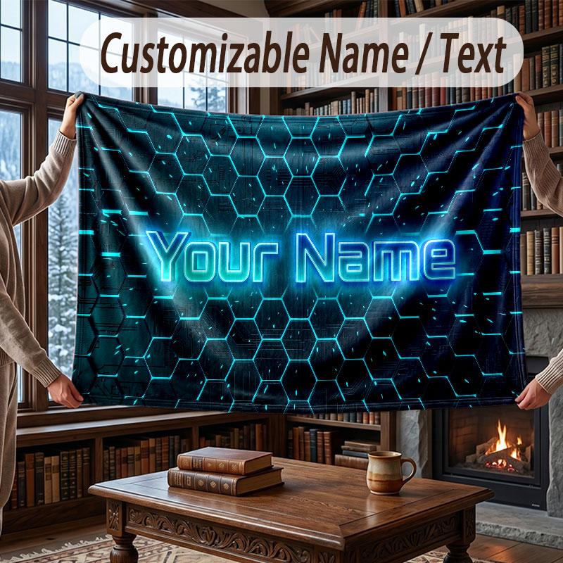 City Cyberpunk Theme Throw Blanket Custom Name Text Personalized Blanket Soft Cozy Blanket for Home Sofa Bed