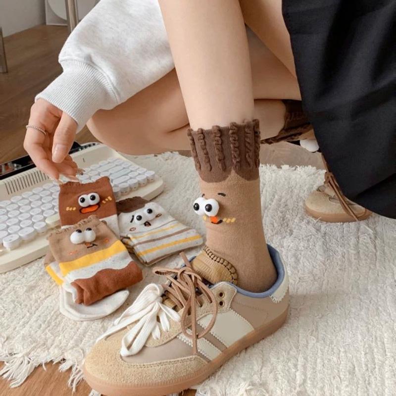 1 Paire Chaussettes Expressions Automne Hiver Pour Femmes Filles Chaussettes Créatives Mi-Mollet Chaussettes Drôles Mi-Mollet Chaussettes en Coton 3D Grands Yeux