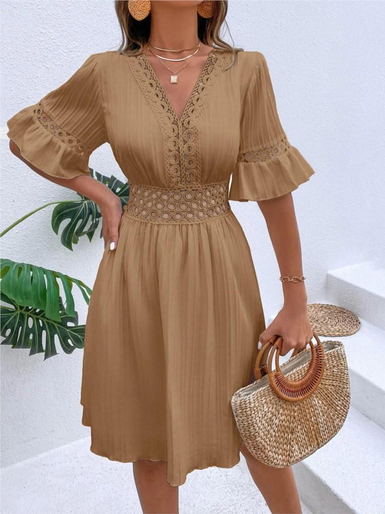 Women Elegant White Midi Dresses New Summer Lace Patchwork Casual Fashion Sexy V Neck Waistband Solid Tunic Party Dress Vacation