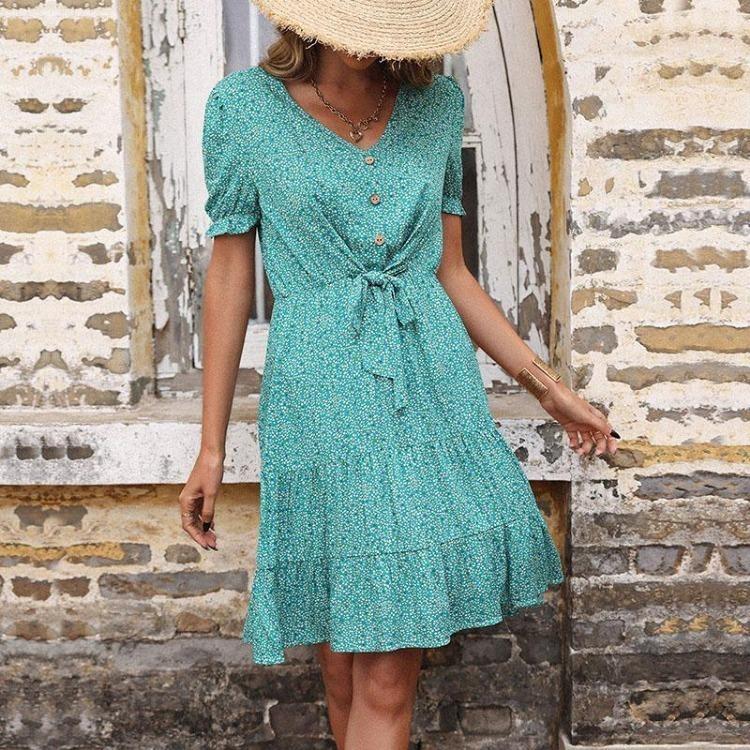 Floral Printed Summer Dress Chic Slim Fit High Waist V Neck A Line Green Short Sleeve Sizes S To XXL