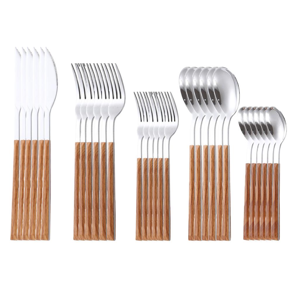 30pcs Dinnerware Set Imitation Wooden Handle Gold Cutlery Set Marble Stainless Steel Knife Fork Spoon Tableware Cutleries Sets