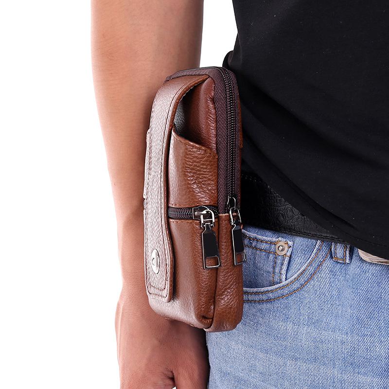Borsa a tracolla per telefono in vera pelle, Custodia da cintura per telefono da uomo, Marsupio multi-tasca con cerniera, Portacarte, Portafoglio EDC da viaggio a mani libere