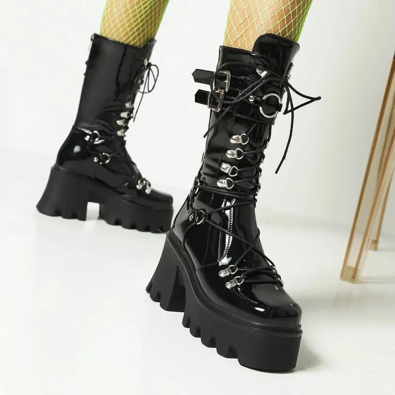 Fashion Autumn/winter boots for women patent leather mid-leg boots for women belt buckle muffin platform motorcycle boots for high boot