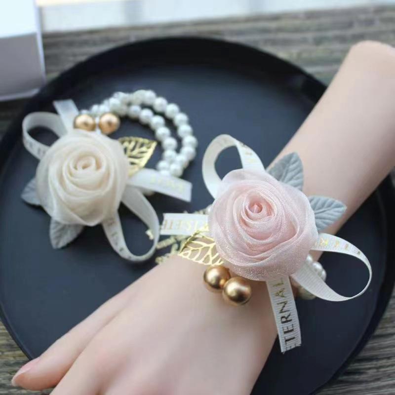 Elastic Pearls Wrist Corsage Adjustable Bridesmaids Bracelet Small Rose Flower Wristband for Weddings and Parties