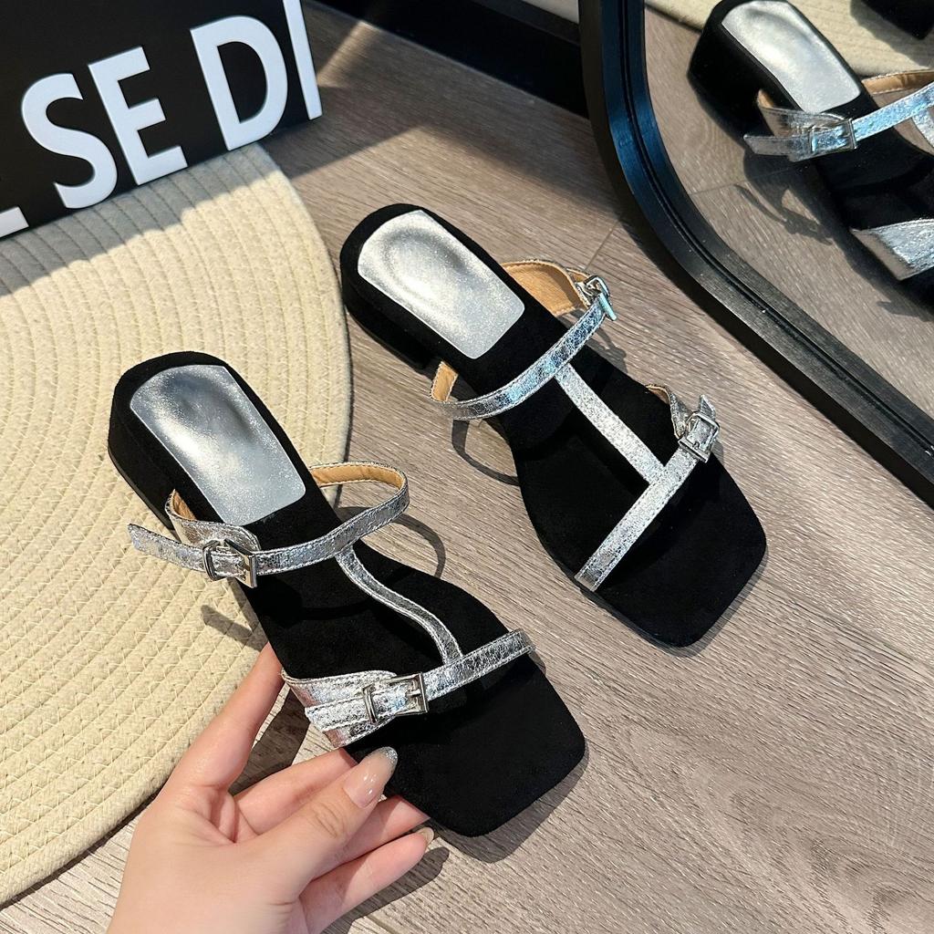 2025 spring and autumn new Internet celebrity fashion high-heeled slippers women's outer wear temperament super fire square head word with sandals