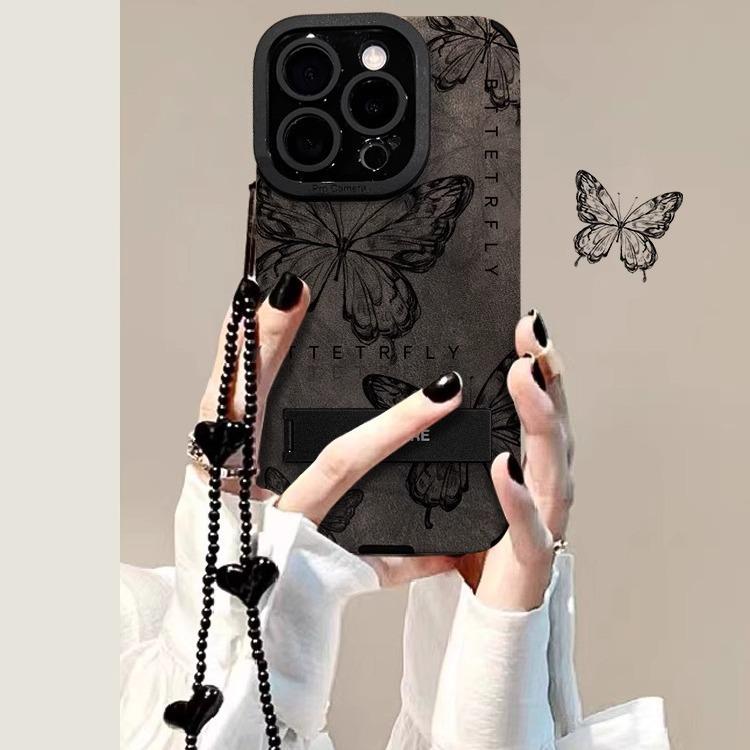 Retro Butterfly Leather Texture iPhone 15 Pro Max Suede Case with Women's Chain