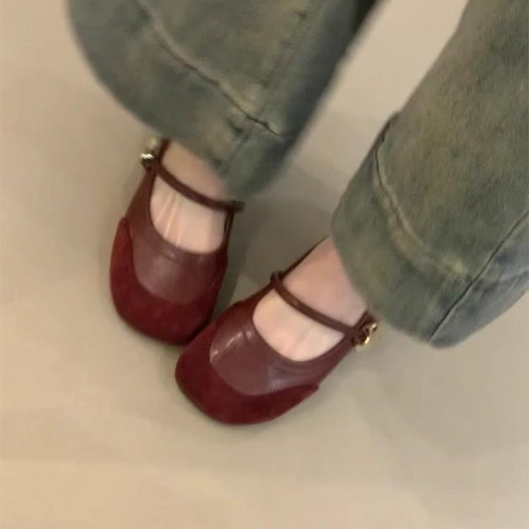 Sheepskin version! French retro splicing Mary Jane shoes women's spring and autumn new one-word with shallow mouth inner height increase single shoes