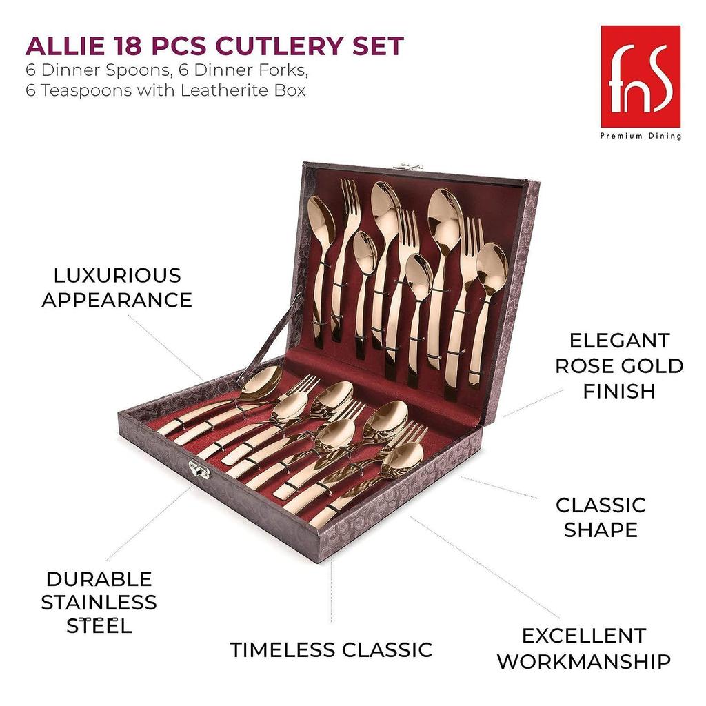Allie 18-teiliges Besteckset aus Edelstahl in Roségold mit Kunstlederbox (6 Menülöffel, 6 Menügabeln, 6 Teelöffel)