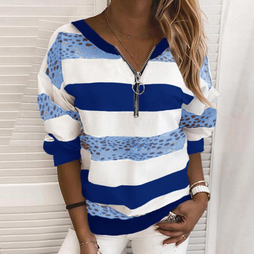 Hoodies Damen Streifen Leopard Patchwork Sweatshirt Reißverschluss Langarm Bluse Pullover Damenbekleidung Street Wear