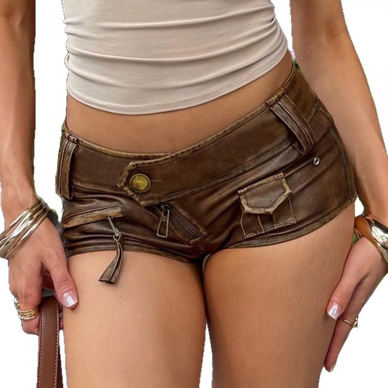 Womens Distressed Brown Leather Look Shorts Low Waist Asymmetrical Cut Streetwear Hot Pants