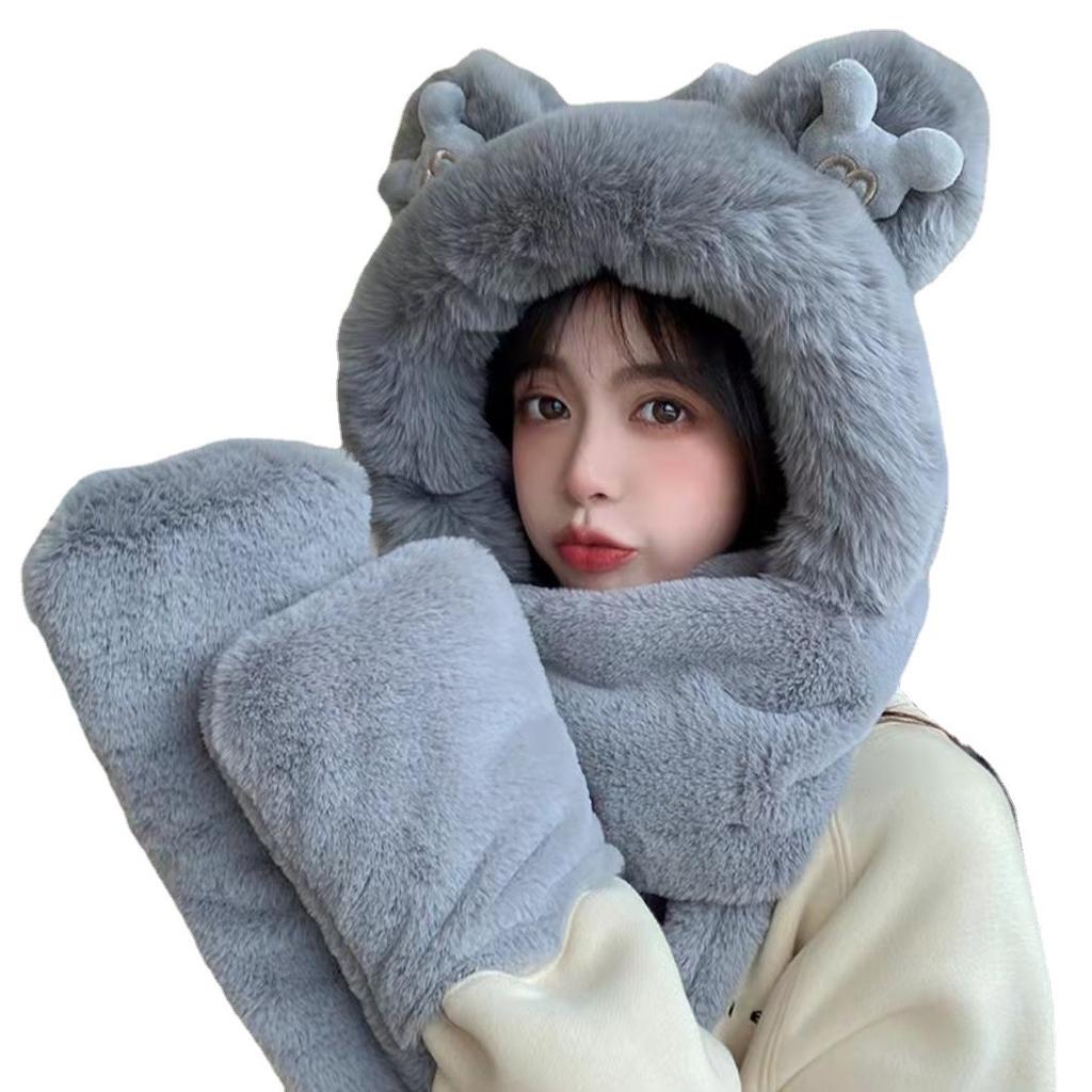 Bear Hat Female Scarf Gloves Integrated Winter Student Warm Cute Scarf Plush Three-piece Set Thickened Internet Celebrities