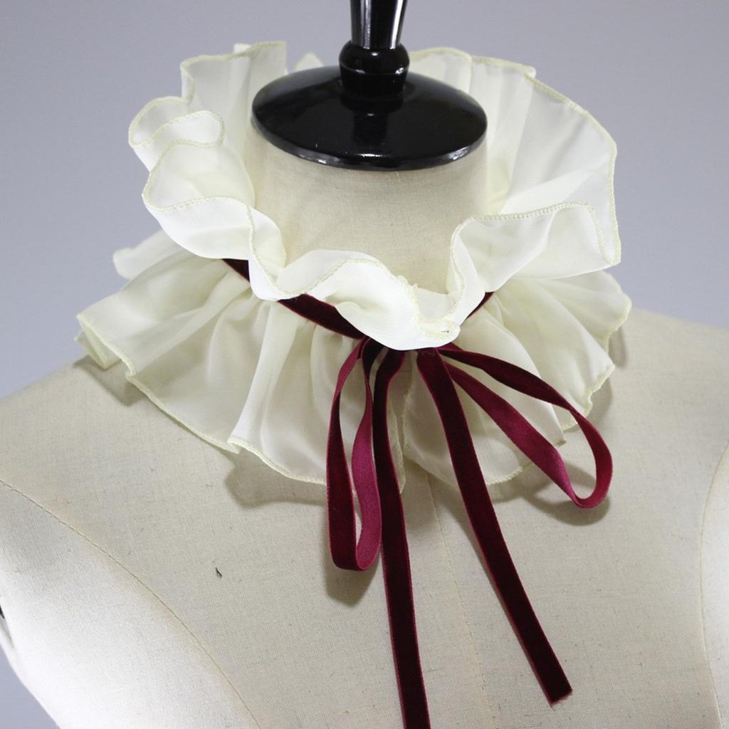 Women Vintage Chiffon Ruffled Detachable Fake Collar Ribbon Lace-Up Choker Shawl Wrap Renaissance Costume Neck Ruff