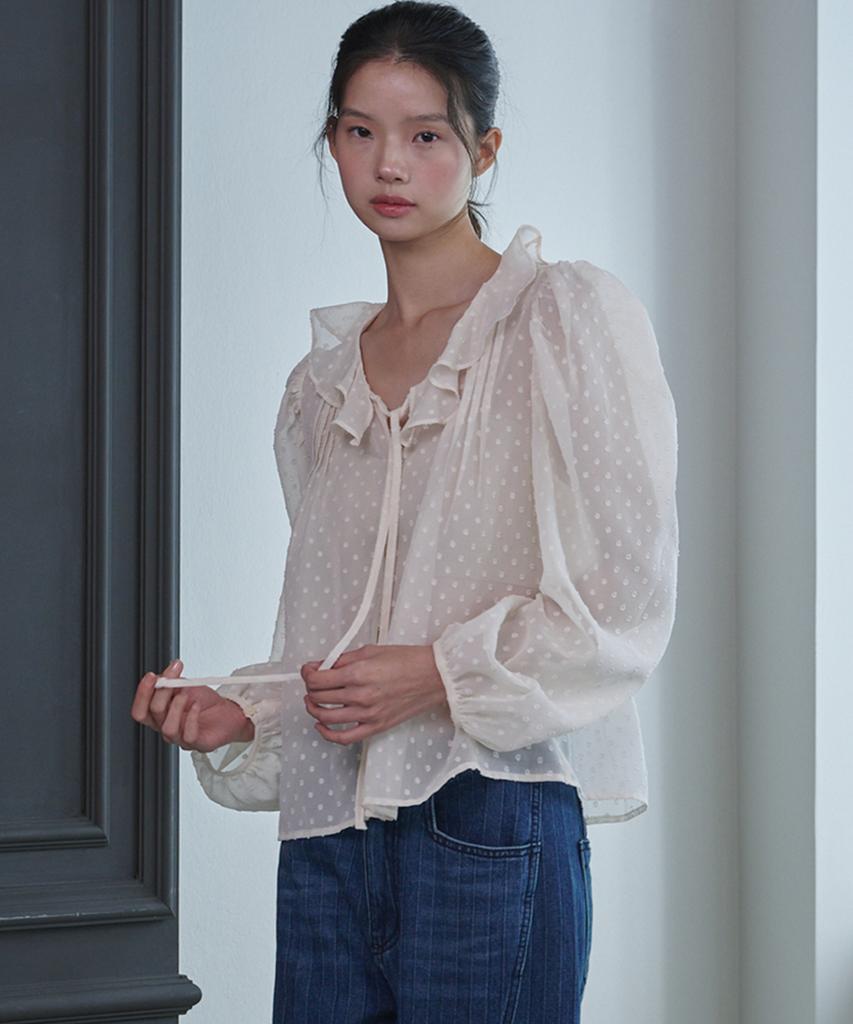 OPENING SUNSHINE Ruffle See-Through Dot Blouse Ivory
