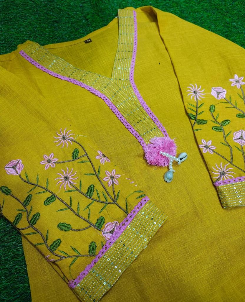Women Indian Pakistani Kurta Pant Set Party Wear Designer Top Tunic Ethnic Kurti Cotton Slub