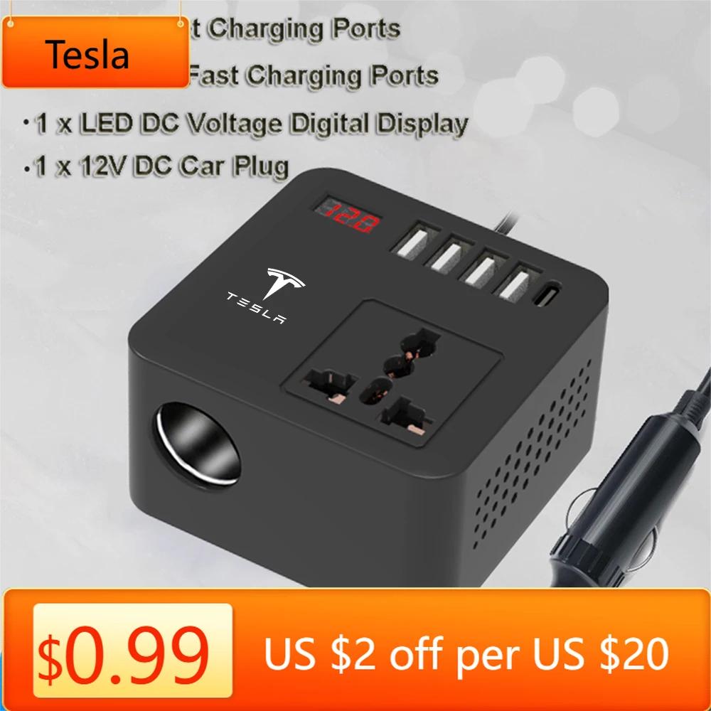 Car Sticker Tesla 1 AC Sockets DC 12V to AC 220V Converter Outlets Car Inverter 4 USB Ports 300W Power Adapter For Tesla Model Y