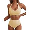 Women Neck High Waist Bikini Set Two Piece Swimsuit with Vertical Stripe Print and Ruched Top Design for Beachwear