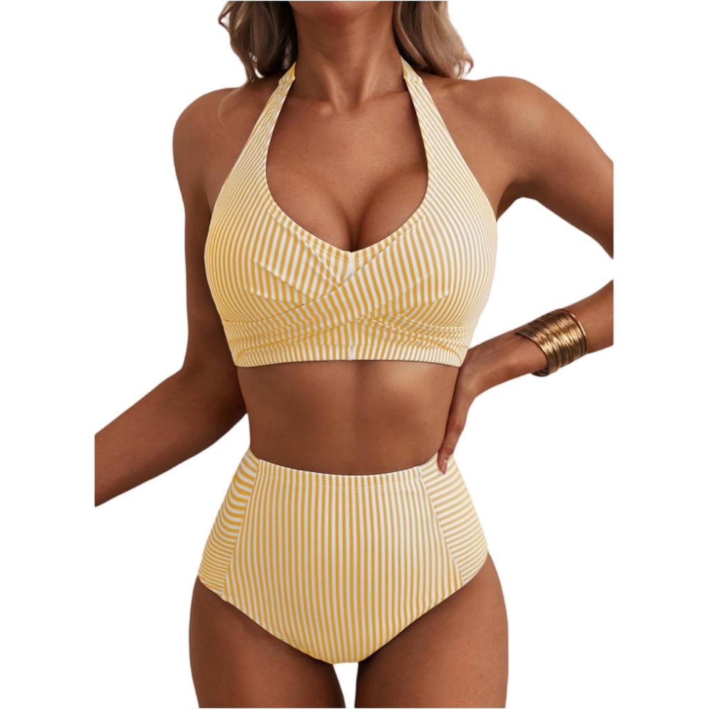 Women Neck High Waist Bikini Set Two Piece Swimsuit with Vertical Stripe Print and Ruched Top Design for Beachwear
