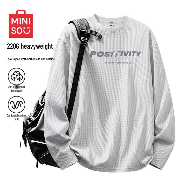 MINISO Men's Casual Long Sleeve Waffle Texture Crew Neck T-Shirt