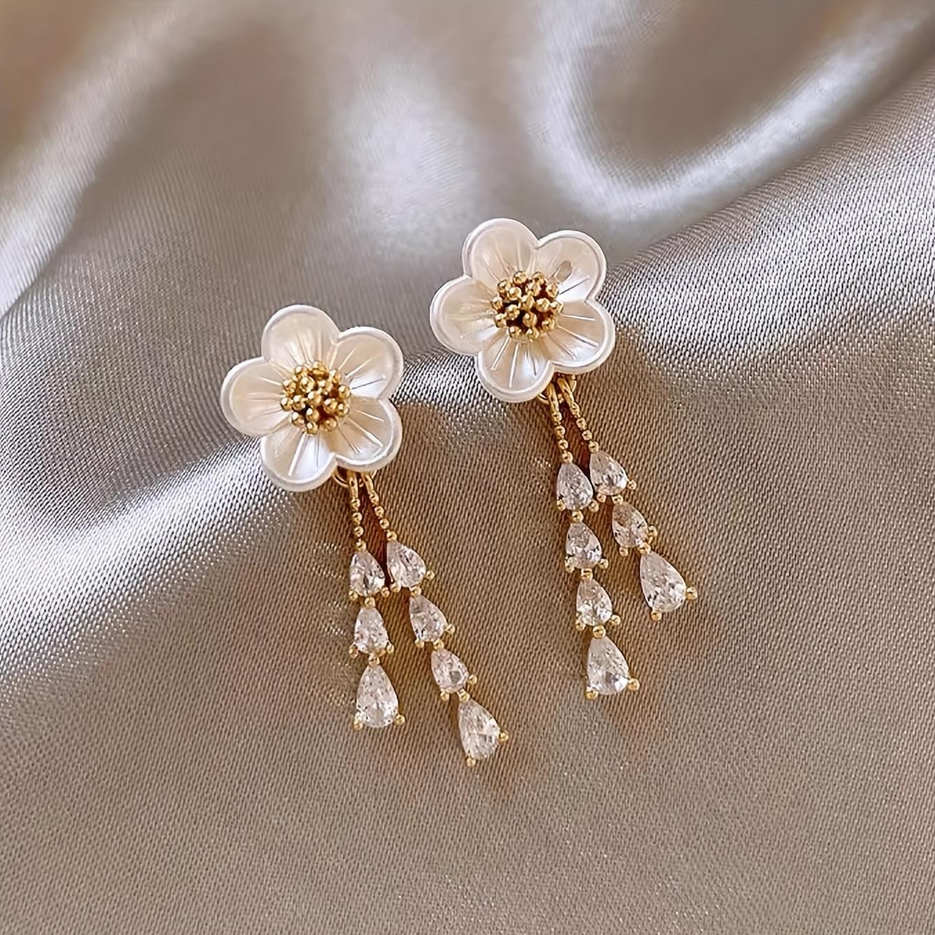 

1Pair of Simple French Elegant Delicate Flower Design, Drop-shaped Artificial Glass Inlaid Women s Spring and Summer Vacation Casual Earrings золотий жовтий колір