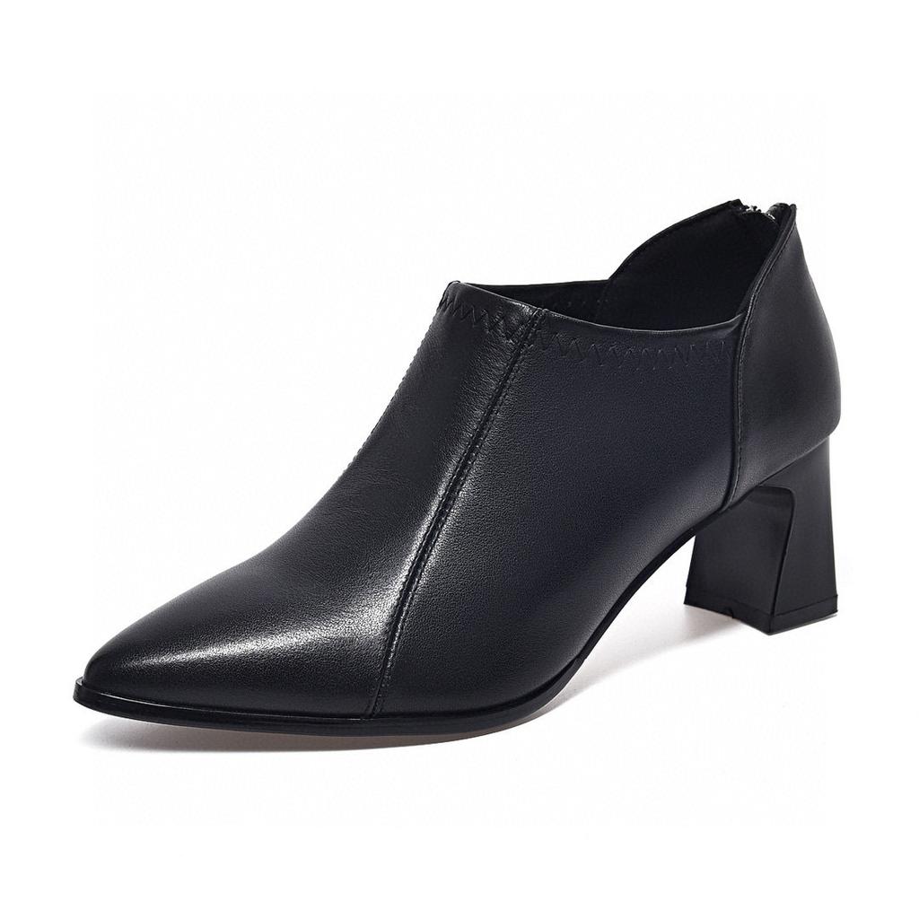 Spetsiga damsinglar högklackade vårnyhet första lager koskinn djup mun damskor tjock klack bakre dragkedja grundläggande