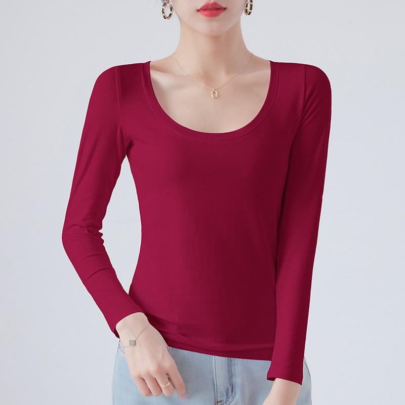 Cotton Crew Neck Slim Fit Long Sleeve Tshirt With Solid Color For Casual Wear