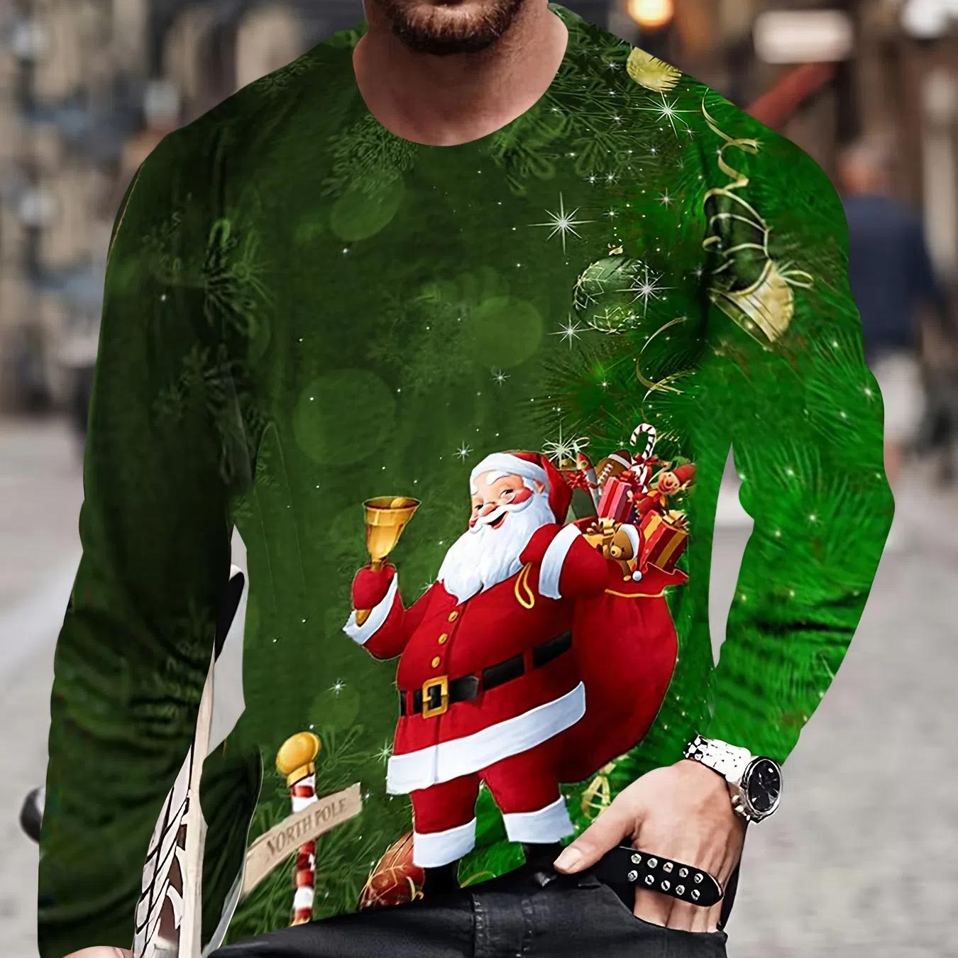 

Праздничный мультяшный принт Санта-Клауса - яркая 3D цветная блоковая футболка с длинным рукавом и круглым вырезом для мужчин на весну и осень 6XL