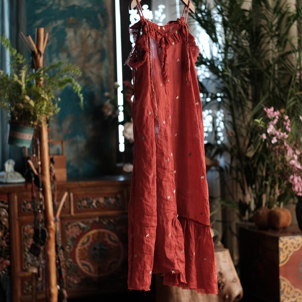 Johnature Retro Robe Strap Versatile Red Bottom Dresses