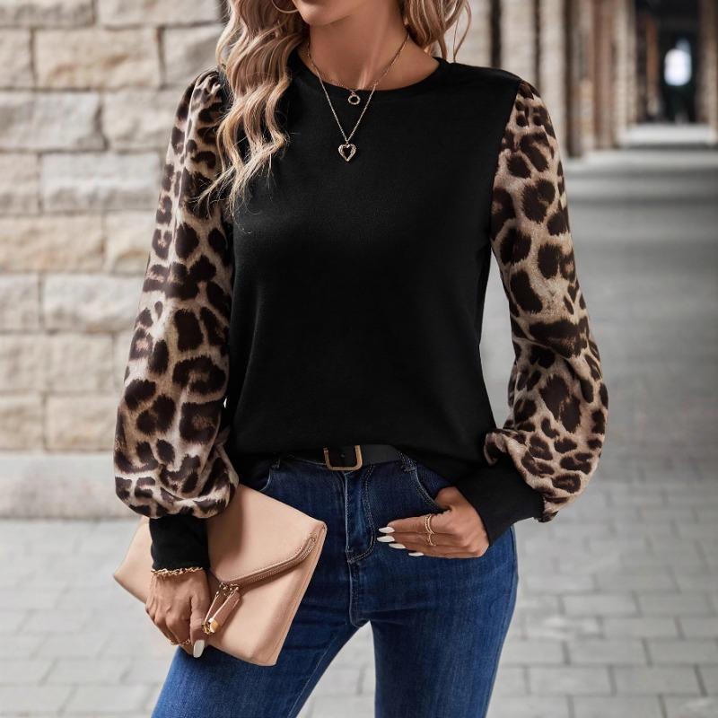 Women S Long Sleeve Crew Neck Leopard Print Loose Fit T Shirt