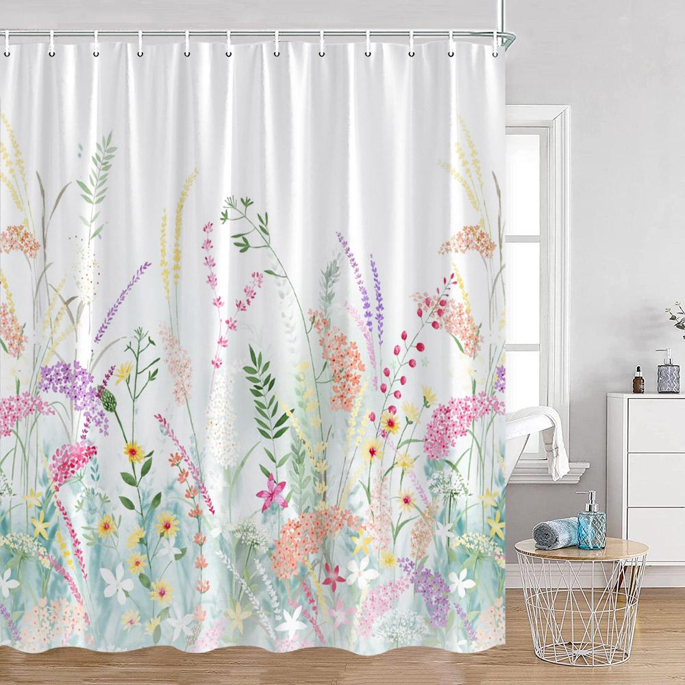 Watercolor Flowers Butterfly Shower Curtains Green Leaves Plants Colorful Floral Bathroom Decorations Polyester Fabric Bath Curt
