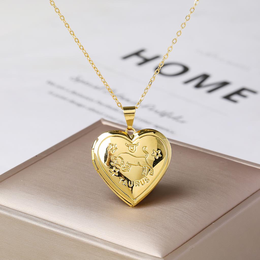 12 Zodiac Signs Openable Photo Frame Heart Locket Necklace for Women Gold Plated Astrology Horoscope Photo Pendant Jewelry Gift