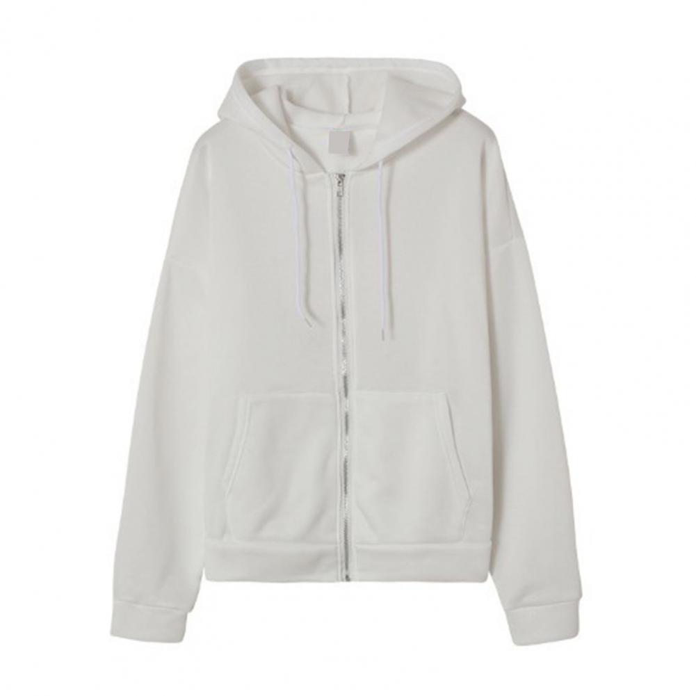 Ladies Fall Winter Coat Solid Color Loose Zip Up Pockets Long Sleeve Drawstring Hooded Elastic Cuff Lady Hoodie Jacket