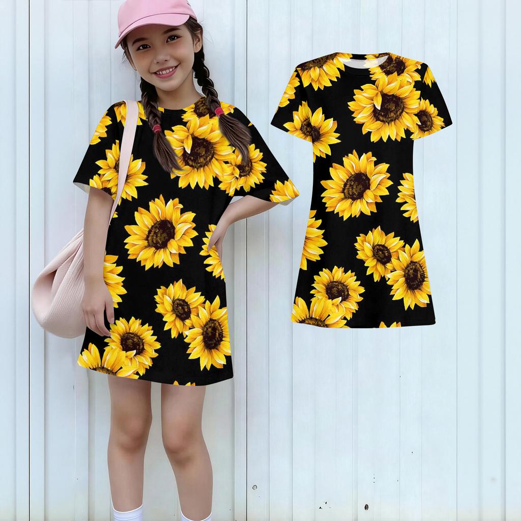 Girls Print Casual Dress Kids Loose Round Neck Short Sleeve Thin Sundress