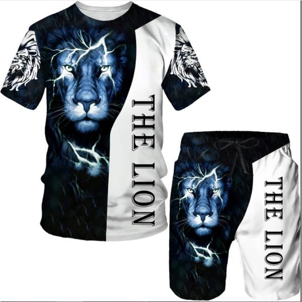 Summer Round Neck 3D Lion Printed Set Fashionable and Casual Short Sleeved Shorts Men's Clothing Sets Sport Wear