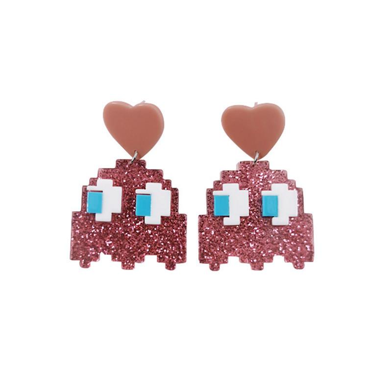 

Японская и корейская мода ярко-розовый мультяшный маленький дьяволенок персиковое сердце акриловые серьги пиксель стиль персонализированные милые аксессуары для девочек розовый