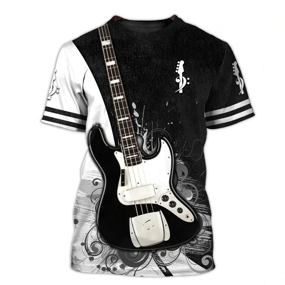 Personalized Guitar Pattern 3D Digital Print Men's Trendy Round Neck Short Sleeved T-shirt