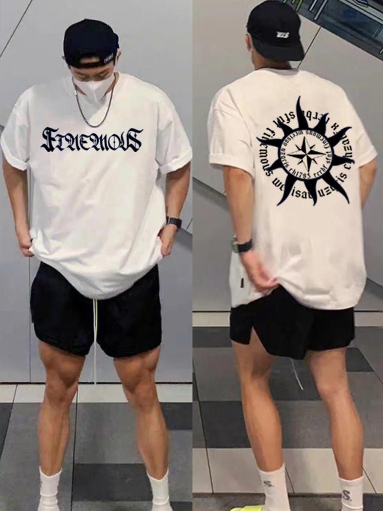 Summer Fashion Heavyweight Retro Men's English Letters 100% Cotton Printed Round Neck High-quality Casual Fitness Street T-shirt