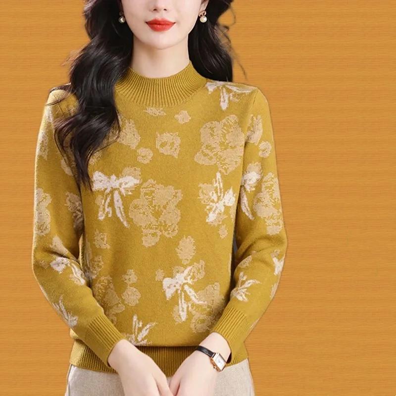 Autumn Winter Semi-turtleneck Jacquard Women's Sweater Autumn and Winter New Fashion Knitted Bottoming Shirt Top