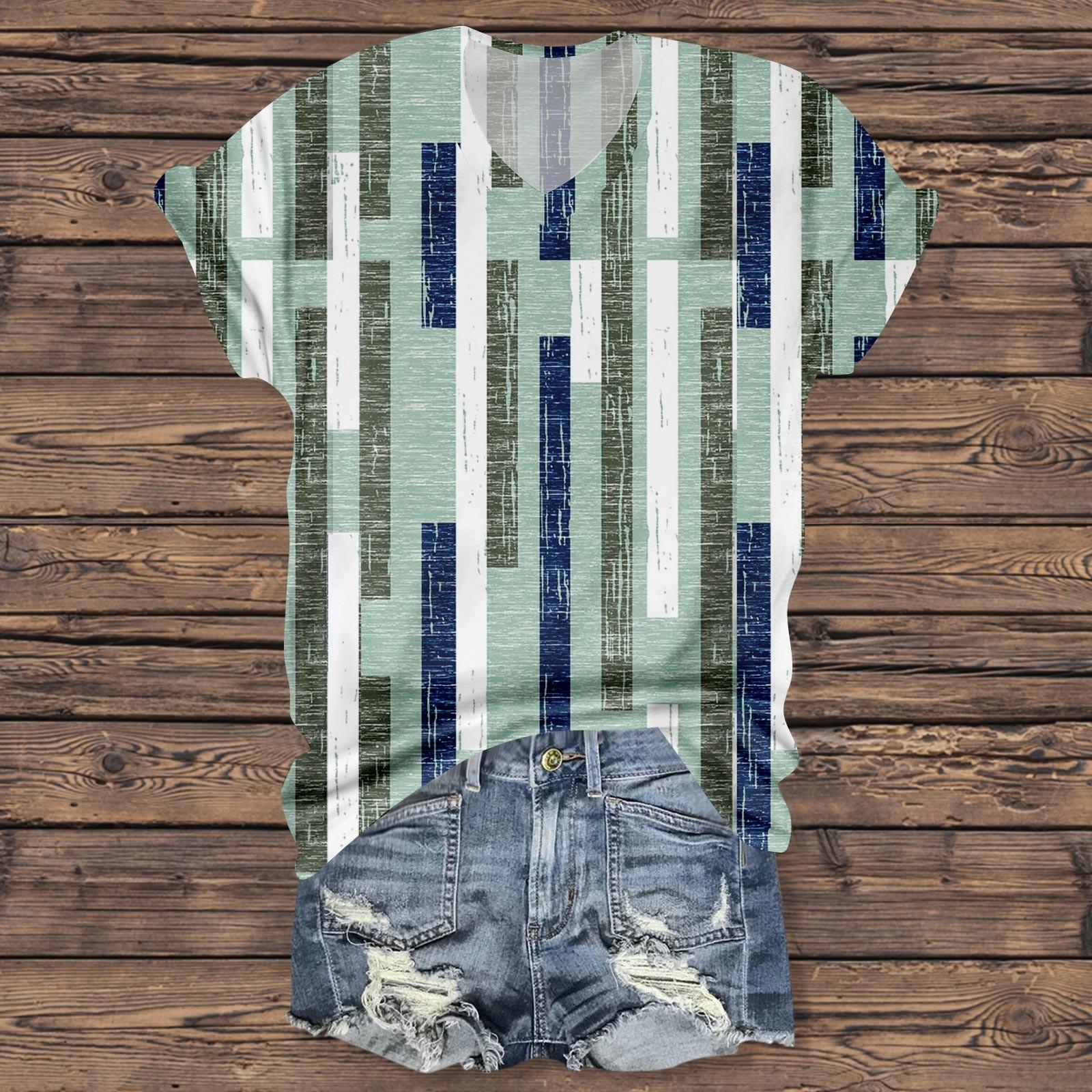 

Женский полосатый топ с V-образным вырезом и короткими рукавами с принтом XL