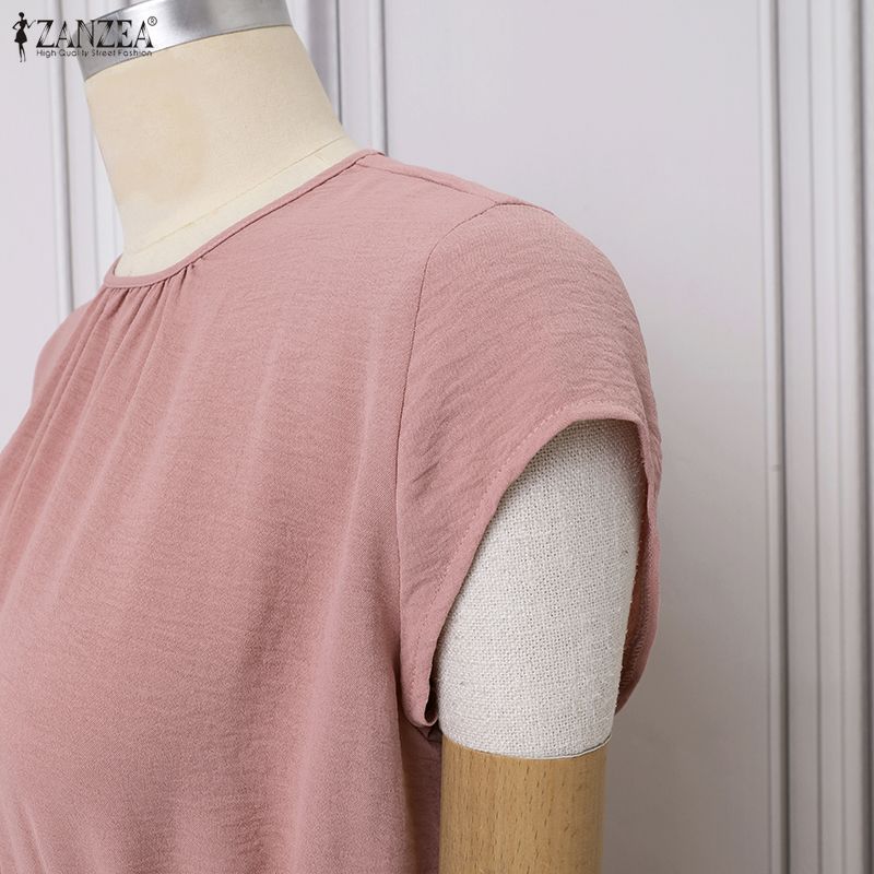 ZANZEA Abito casual da donna a maniche corte estivo a girocollo a tinta unita